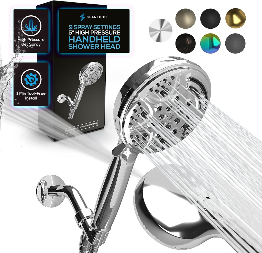 SparkPod 5 Inch 9 Spray Setting Handheld Shower Head - Water Saving Pause With On/Off Switch - Tool-Free 1-Min Install - Pulsating Rain Mode - Relaxing Rain Shower With Soothing Mist - Luxury Chrome