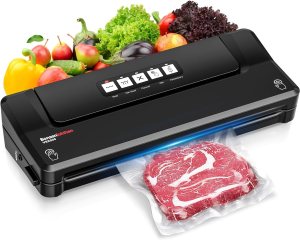 Bonsenkitchen Food Sealer Machine, Dry Vacuum Sealer Machine with 5-in-1 Easy Options for Sous Vide and Food Storage, Air Sealer Machine with 5 Vacuum Seal Bags & 1 Air Suction Hose, Black