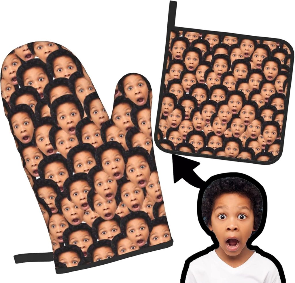 Custom Oven Mitts, Personalized Oven Mitts and Pot Holders with Your Face, Baking Gifts for Women for Kitchen Cooking, BBQ, Grillin-Style1, 1 Oven Mitts+ 1 Pot Holders