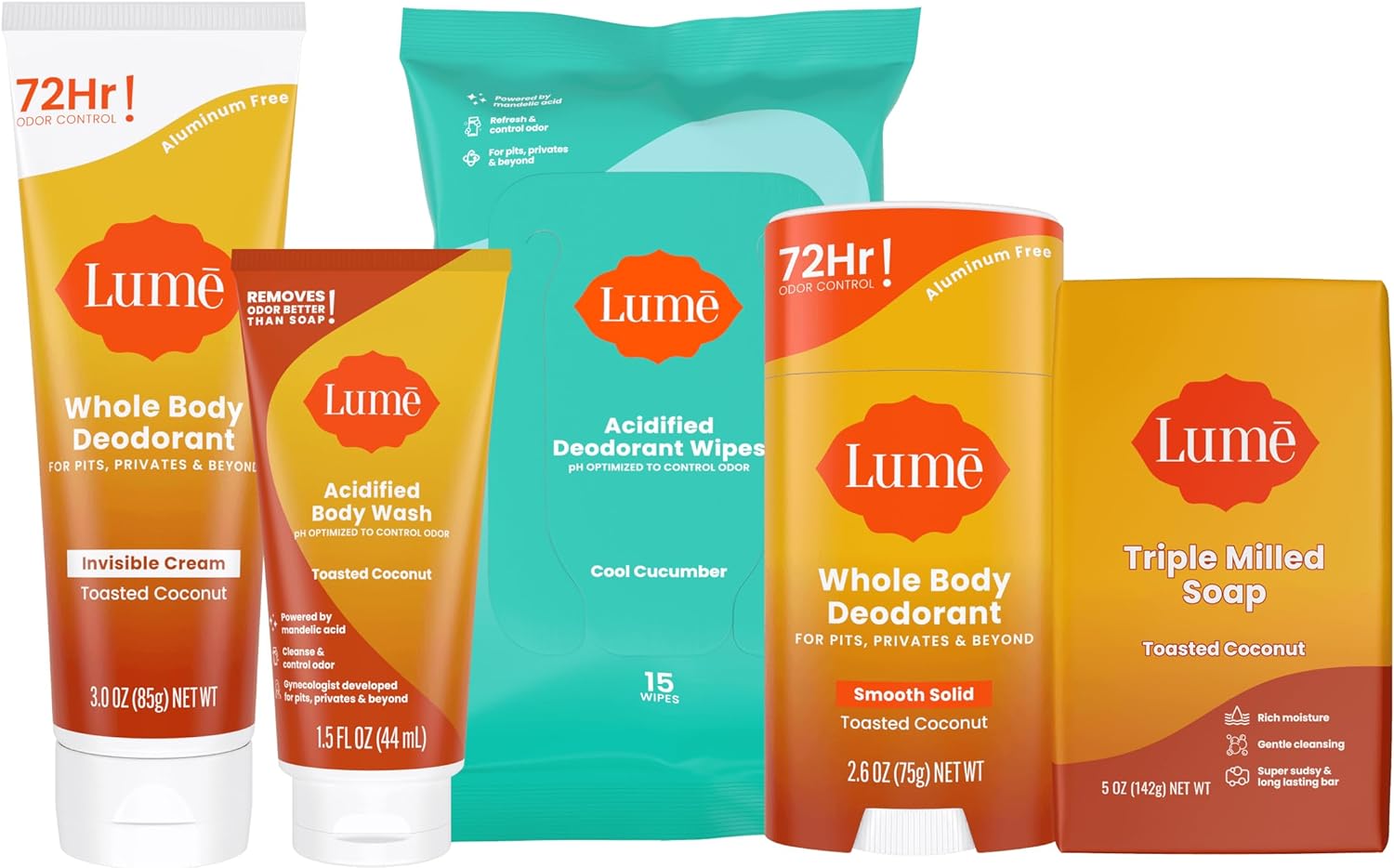 Lume Whole Body Deodorant Starter Pack - Solid Stick, Invisible Cream Tube, Acidified Body Wash Mini, Soap, Acidified Deodorant Wipes - Aluminum & Baking Soda Free Odor Control (Toasted Coconut)