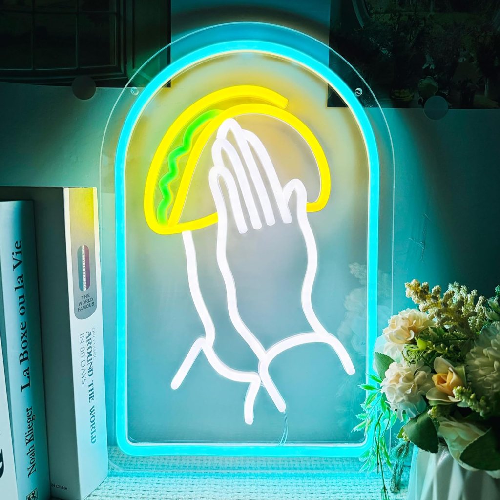 Praying Hands Holding Tacos Neon Sign LED Tacos Neon Light Mexican Food Shop Wall Decoration Business Neon Decor for Tacos Store Gifts for Tacos lover