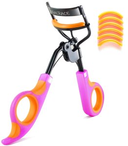 Eyelash Curlers with 6PCS Extra Replacement Pads, Premium Quality Eye Lash Curler, Superior Curling Effect, Easy to Hold and Use - Orange Purple Handle