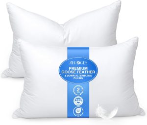 Goose Feather Bed Pillow Queen Size Set of 2 - Hotel Down Pillows for Sleeping, Soft 600 Thread Count Cotton Cover, Fluffy Support Surround Fill Polyester for Back, Stomach, Side Sleepers