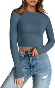 Trendy Queen Womens Long Sleeve Crop Tops Basic Slim Fitted Shirts Casual Fashion 2024 Y2k Tops Teen Girl Clothes