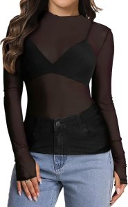Ugerlov Womens Solid Mesh Top Long Sleeve Mock Neck Lace Top Sheer Party Club Shirt Blouses