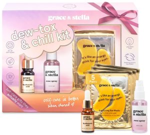 grace & stella Dew-Tox & Chill Skin Care Set - Hydrating Skincare Set With Eye Masks, Hyaluronic Acid Serum, & Rose Water Face Mist - Vegan Cruelty Free Bridesmaid Gifts, Birthday Gifts for Women