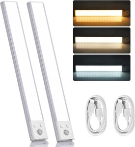 Motion Sensor LED Closet Lights, Three Color Temperatures Dimmable Magnetic Under Cabinet Lights, 12 in Rechargeable Battery Operated Wireless for Kitchen, Stairs (Type B,2 Pack)