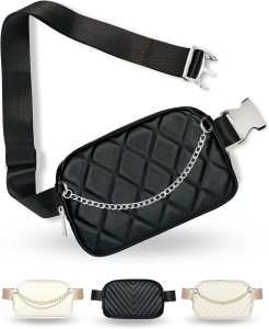 Boutique Luxury Chain Belt Bag | Crossbody Bag Leather Fanny Pack for Women Fashionable | Cute Everywhere Bum Hip Waist Pack | Small Travel Fashion Chest Bag (Small Strap, Black Silver | Diamond)