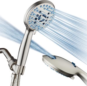 AquaCare High Pressure 8-mode Handheld Shower Head - Anti-clog Nozzles, Built-in Power Wash to Clean Tub, Tile & Pets, Extra Long 6 ft. Stainless Steel Hose, Wall & Overhead Brackets