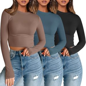 AUTOMET 3 Pack Womens Long Sleeve Shirts Y2K Going Out Crop Tops Cute Basic Slim Fitted Fall Fashion Outfits 2024 Clothes