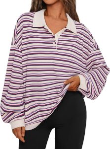 Trendy Queen Women's Oversized Striped Polo Sweatshirt
