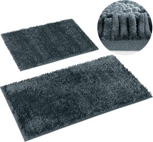 HOMEIDEAS 2 Pieces Bathroom Rugs, Non Slip Absorbent Velvety-Soft Butter Chenille Bath Mat Set (Charcoal/Dark Grey)