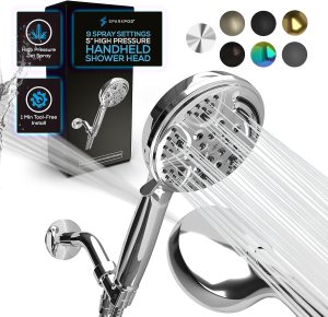 SparkPod 5 Inch 9 Spray Setting Handheld Shower Head - Water Saving Pause With On/Off Switch - Tool-Free 1-Min Install - Pulsating Rain Mode - Relaxing Rain Shower With Soothing Mist - Luxury Chrome