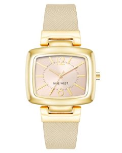 Nine West Women’s NW/1856NTNT Gold-Tone and Tan Textured Strap Watch