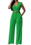 Pink Queen Women’s Sleeveless V Neck Long Loose Belted Jumpsuits Rompers (S