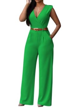 Pink Queen Women’s Sleeveless V Neck Long Loose Belted Jumpsuits Rompers (S