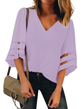 LookbookStore Women Vneck Mesh Panel Light Purple T Shirts for Women V Neck Casu