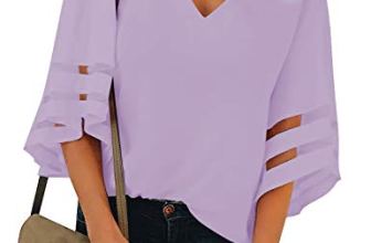 LookbookStore Women Vneck Mesh Panel Light Purple T Shirts for Women V Neck Casu