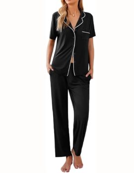 Ekouaer Women Pajamas Set Button Down Sleepwear Short Sleeve Nightwear with Long