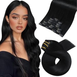 Moresoo Jet Black Clip in Hair Extensions Human Hair 20 inch Remy Straight Doubl