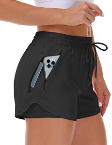 Mancreda Women’s Running Shorts with Liner 3 Zipper Pockets Elastic Workout Athl