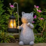 Qeeman Solar Cat Garden Statue: Weatherproof Resin Figurine with Warm Glow Lante