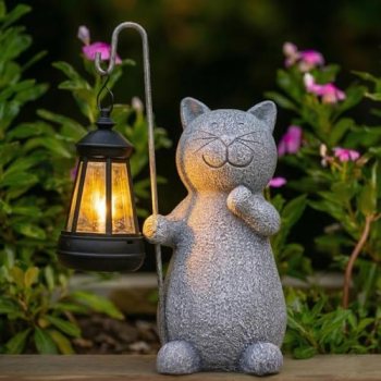 Qeeman Solar Cat Garden Statue: Weatherproof Resin Figurine with Warm Glow Lante