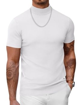 COOFANDY Mens White Mock Turtleneck Short Sleeve Sweater Casual Stylish Knitted
