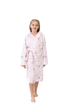 V.&GRIN Girls Fleece Robe, Plush Hooded Soft Fuzzy Warm Fluffy Bathrobe for Kids