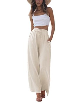 Faleave Women’s Cotton Linen Summer Palazzo Pants Flowy Wide Leg Beach Trousers