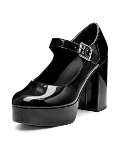 Coutgo Mary Jane Shoes Women Black Platform Heels Patent Chunky Dress Shoes