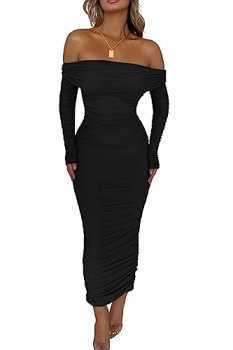 PRETTYGARDEN Women’s Fall Off Shoulder Maxi Bodycon Dress Long Sleeve Ruched Fit