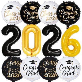 PartyWoo Graduation Balloons Class of 2026 Black White Gold 12pcs Balloons 40 In