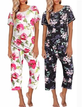 Ekouaer 2 Pack: Womens Pajamas Short Sleeve Sleepwear Tops and Capri Pants Pjs P