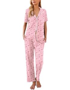 Ekouaer Women Pajamas Set Button Down Sleepwear Short Sleeve Nightwear with Long