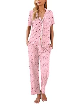Ekouaer Women Pajamas Set Button Down Sleepwear Short Sleeve Nightwear with Long