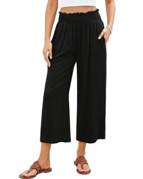 GRAPENT Capri Pants for Women High Waisted Wide Leg Linen Palazzo Trousers High