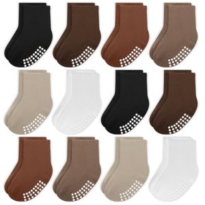 JAKIDAR 12 Pack Baby Toddler Socks Non Slip Grip Cotton Crew Socks for Boys Girl