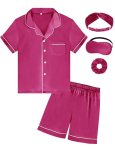 SEALINF Satin Girl Pajama Set Silk Pajamas for Girls With Eyemask 2 Pcs Button-u