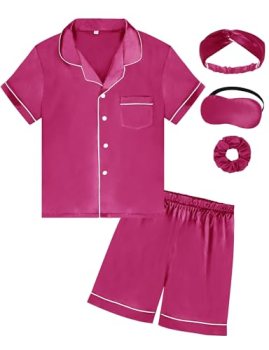SEALINF Satin Girl Pajama Set Silk Pajamas for Girls With Eyemask 2 Pcs Button-u