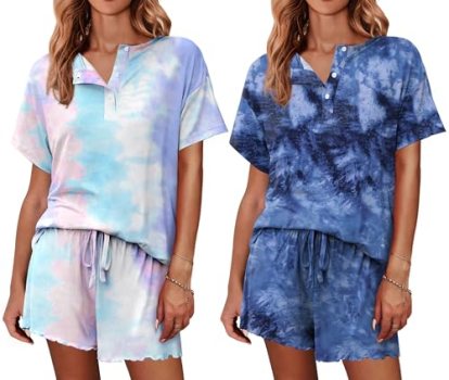Ekouaer 2 Pack Womens Pajama Sets Short Sleeve Top with Shorts Soft Comfy Lounge
