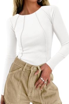 KIRUNDO Ribbed Long Sleeve Tops for Women Stretch Slim Basic Crop Tee Exposed Se