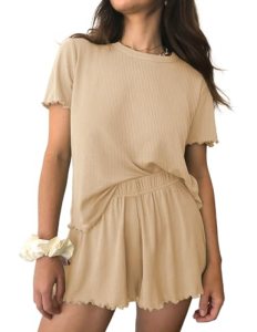 Ekouaer Womens Pajamas 2 Piece Ribbed Knit Pjs Short Sleeve Sleepwear Set Summer
