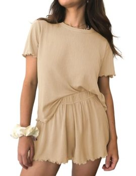 Ekouaer Womens Pajamas 2 Piece Ribbed Knit Pjs Short Sleeve Sleepwear Set Summer