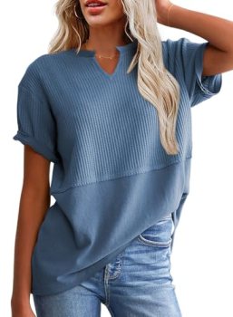 SHEWIN Womens Shirts Casual Waffle Knit Top Loose V Neck Short Sleeve T Shirt Bu
