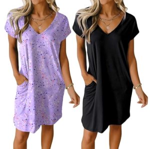 Ekouaer Womens 2 Pack Nightgowns Short Sleeve Sleepshirt Casual Sleepwear V Neck