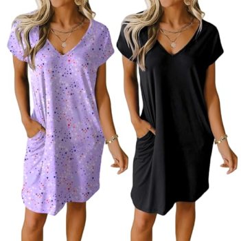Ekouaer Womens 2 Pack Nightgowns Short Sleeve Sleepshirt Casual Sleepwear V Neck