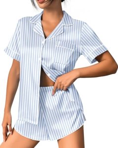 Ekouaer Womens Silk Satin Pajama Set Print Short Sleeve Sleepwear Button Down Pj