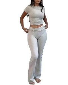 COPYLEAF Two Piece Lounge Sets for Women Fold Over Flare Pants Short Sleeve Crop