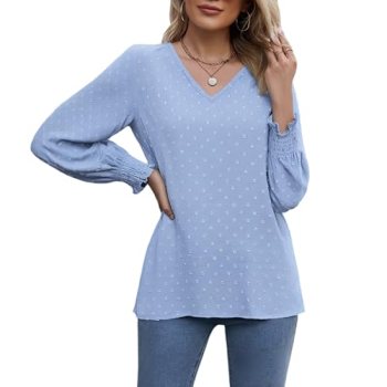 GAMISS Long Sleeve Shirt for Women Swiss Dot Sleeve Shirt Casual Blouse V Neck S